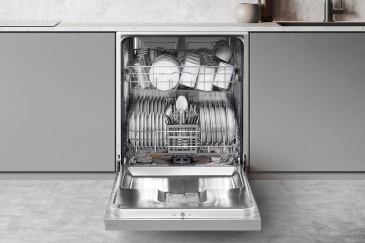 Footage of how to adjust dishwasher racks to fit various types of dishes.