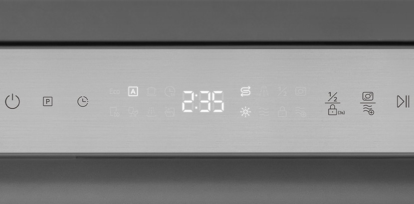 The LED panel of the dishwasher appears as a close-up cut.