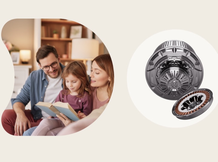 Image showing the LG inverter motor together with people reading, sleeping, or working, showing that it is quiet.