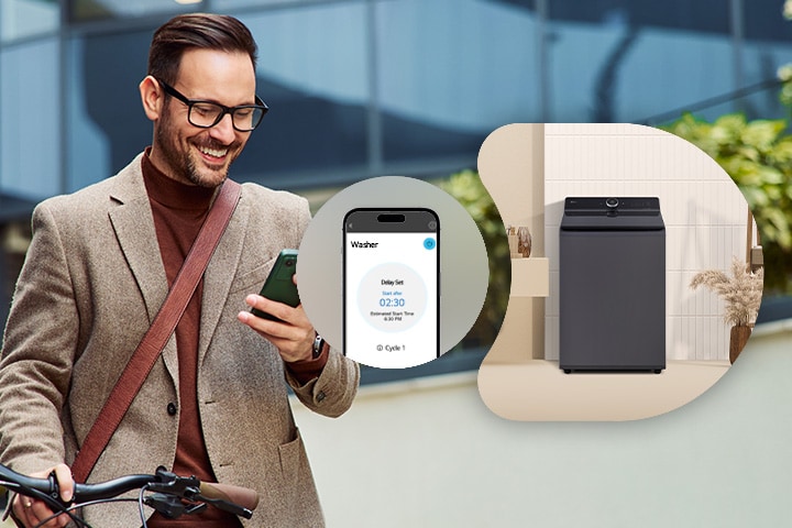 A man remotely controlling the LG washing machine through a ThinQ app