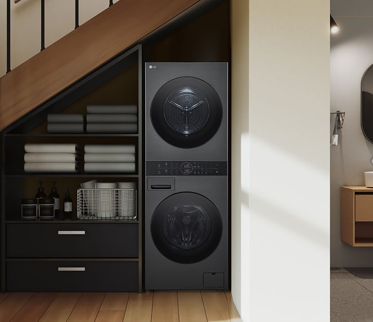 This is the wall of a room that looks like a utility room. Washtower is arranged in harmony with other furniture.