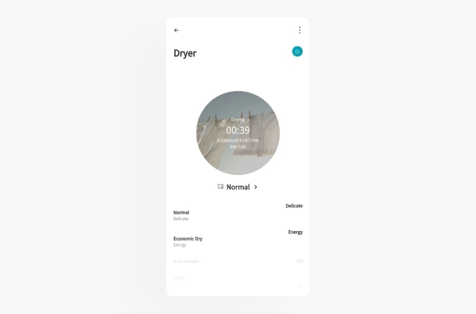 Image shows the dryer screen in the LG ThinQ app