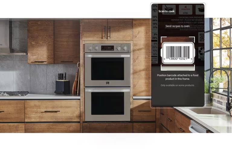 Image shows an oven next to an LG ThinQ app screen displaying a barcode and barcode scanner.