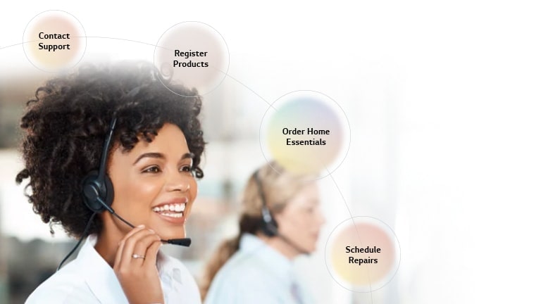 Image shows a smiling woman wearing a headset. She is surrounded by circles containing text indicating some of the services offered by ThinQ Care.