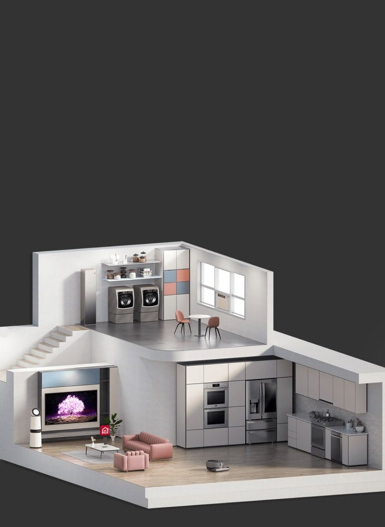 Image shows a cross-section of a model house and the different rooms within it.