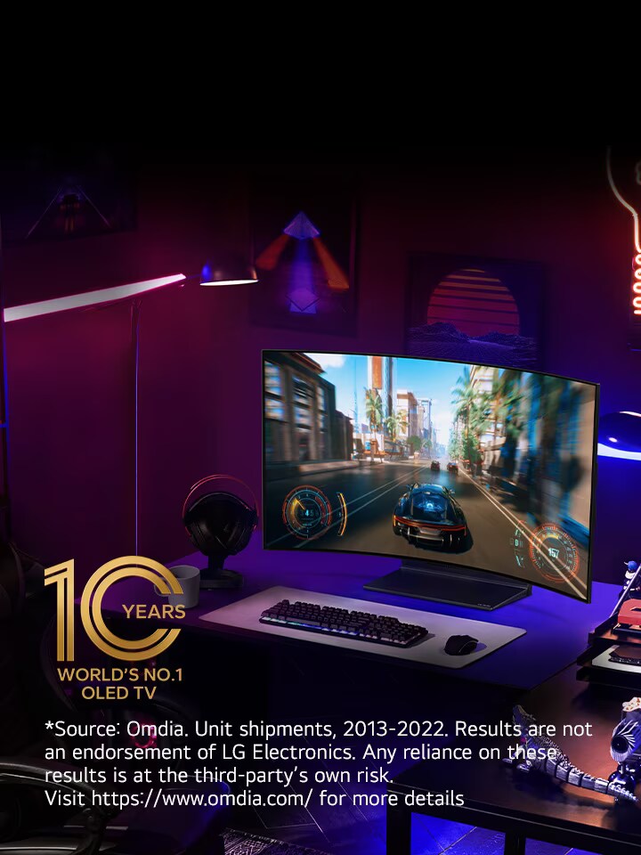 "An image of LG OLED evo G3 on the wall of a modern and quirky New York City apartment with a romantic night scene playing on the screen.  10 Year World's No.1 OLED TV emblem. "	