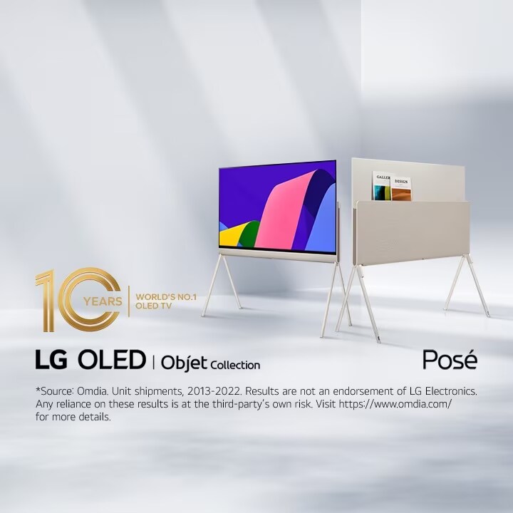 Two LG Posé TVs next to each other at a 45-degree angle, one seen from the front with colorful abstract artwork on-screen and one seen from the back showing off its versatile back. The "10 Years World's No.1 OLED TV" emblem is also in the image. 	