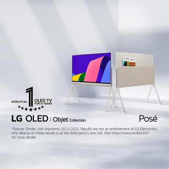 Two LG Posé TVs next to each other at a 45-degree angle, one seen from the front with colorful abstract artwork on-screen and one seen from the back showing off its versatile back. The "11 Years World's No.1 OLED TV" emblem is also in the image. 	
