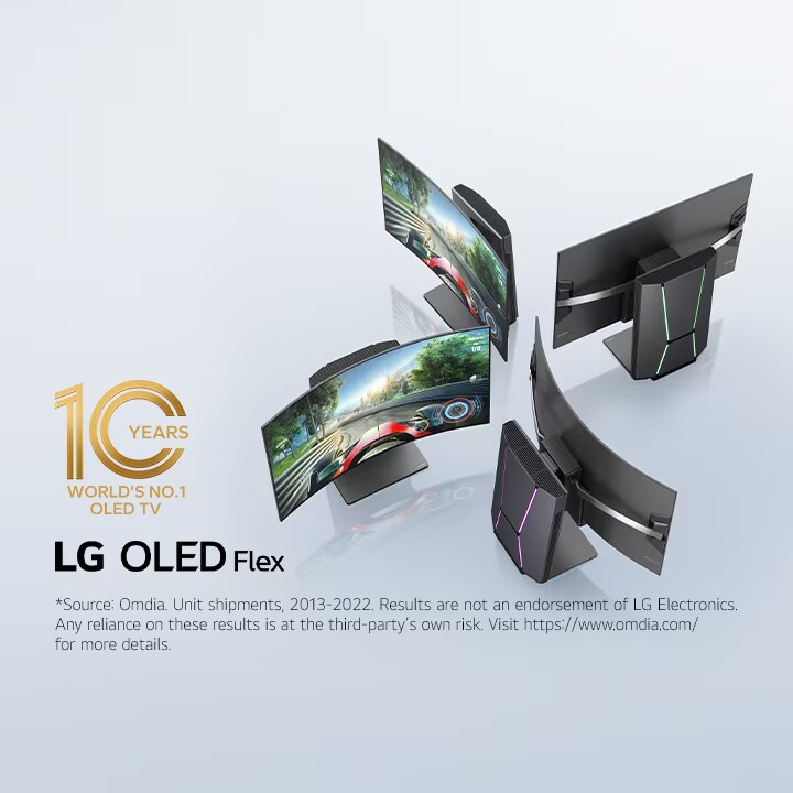 Four LG OLED Flex TVs next to each other at a 45-degree angle. Each has a different level of curvature. Two TVs are seen from the front with a racing game on-screen, and two are seen from behind showing off the Fusion Lighting.	