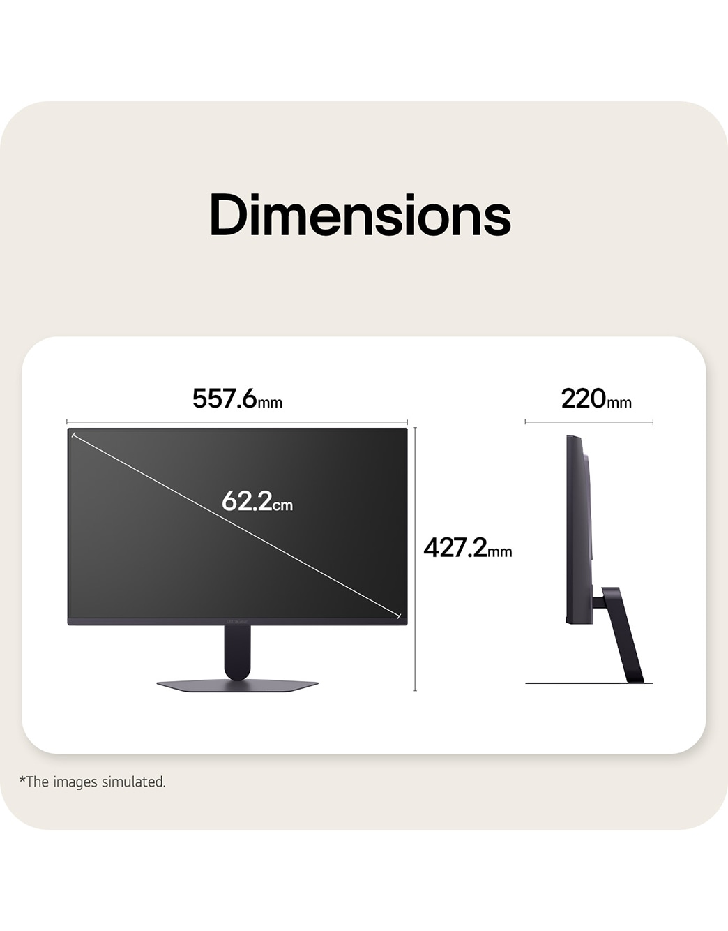Front and side views of a gaming monitor illustrating its overall dimensions and profile design.