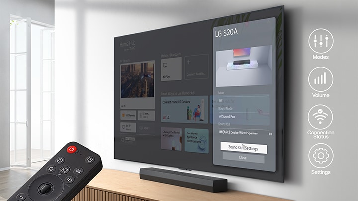 A wall-mount TV is showing LG webOS home screen and SH5A is placed below the TV, on the TV table. On the left a LG TV remote control is partially shown and on the right 4 icons are showing WOW Interface features.