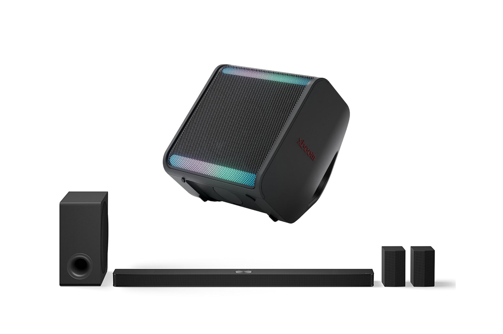 Front view of LG Soundbar for TV with Dolby Atmos 7.1.3 channel S90TR + LG xboom Stage 301 | Bluetooth Speaker | xboom Signature Sound by will.i.am for Parties and Performances S90TR.STAG001