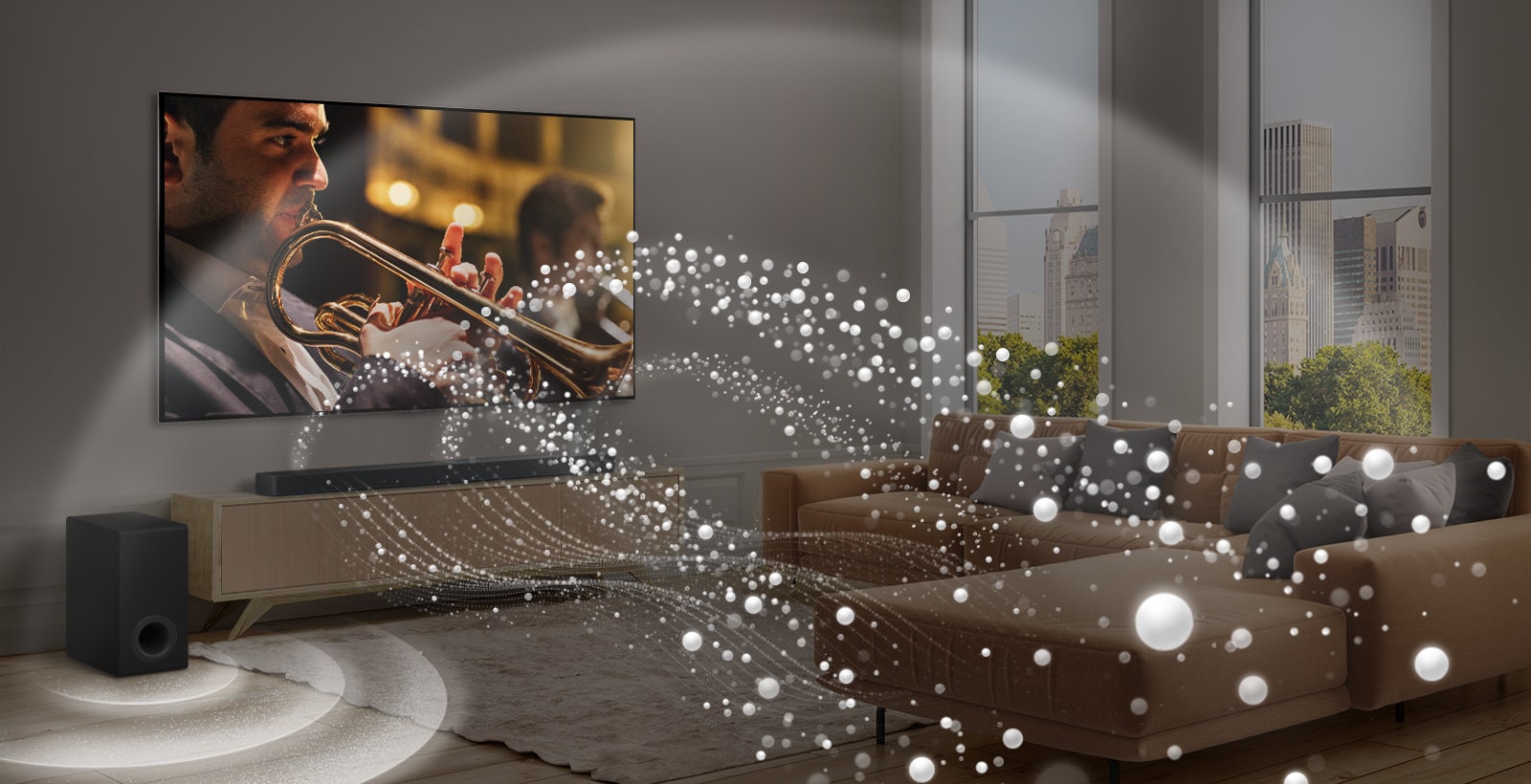 An LG Soundbar, LG TV, and subwoofer are in a modern city apartment. The LG Soundbar emits three branches of soundwaves, made of white droplets that float along the bottom of the floor. More white droplet soundwaves fire up from the top of the soundbar. Next to the Soundbar is a subwoofer, creating a sound effect from the bottom. As a whole, they are creating a dome effect across the room.