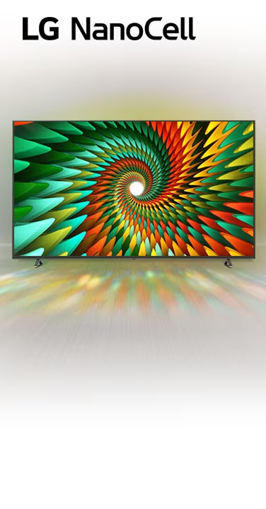 A TV in a stark white room displays colorful spiral shape on the screen.