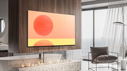 POSÉ stands in the corner of a room against a deep navy blue wall. There's a modern abstract artwork on the screen. 