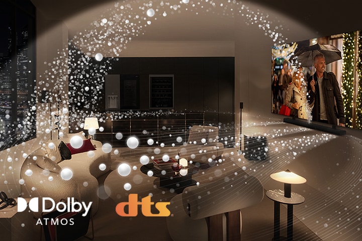 En film spelas upp på en LG OLED TV och LG Soundbar i en modern stadslägenhet i sidovinkel. Vita pärlor som visar ljudvågor projicerar uppåt och nedåt från Soundbar och TV:n, vilket skapar en kupol av ljud i rummet. Dolby Atmos-logotyp DTS X-logotyp
