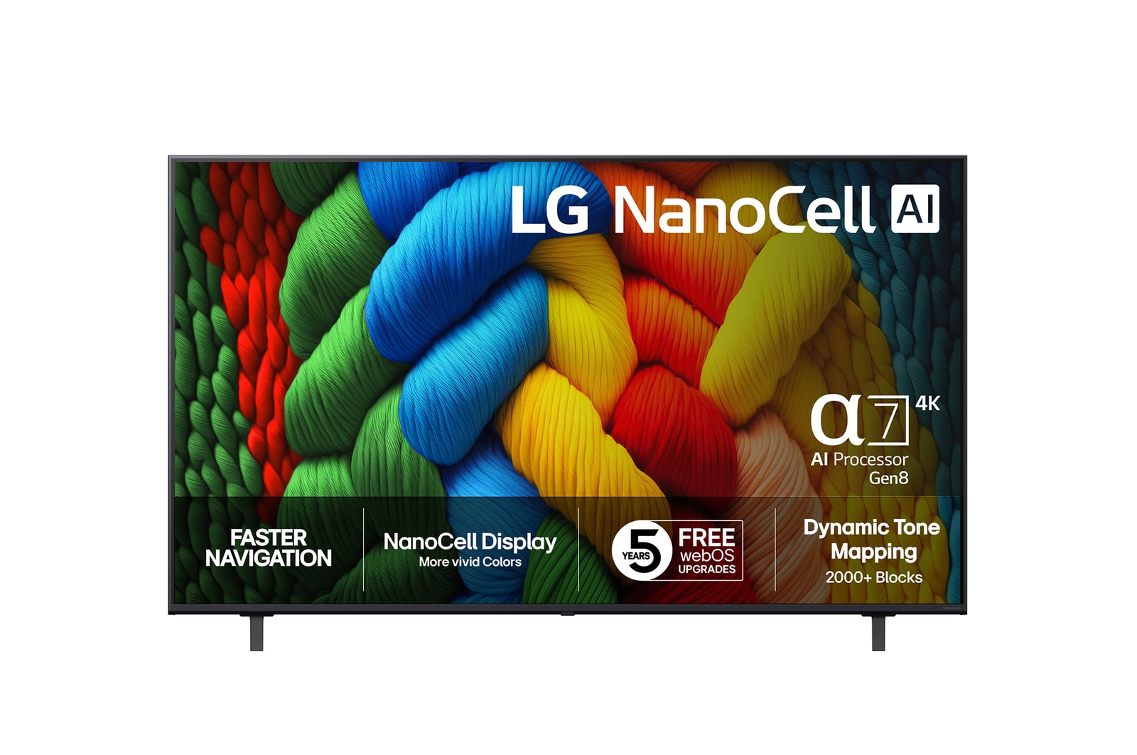Vy framifrån av NanoCell TV, LG NanoCell Al-logotyp i det övre hörnet. LG NanoCell NANO80 TV visar färgglada målarfärgtexturer som möts.