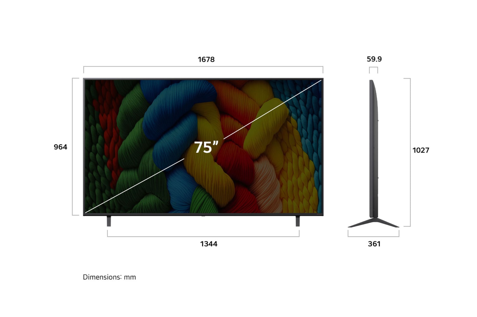 Vy framifrån och från sidan av LG NanoCell NANO80 AI 4K Smart TV som visar dess längd, bredd, höjd och djupdimensioner.