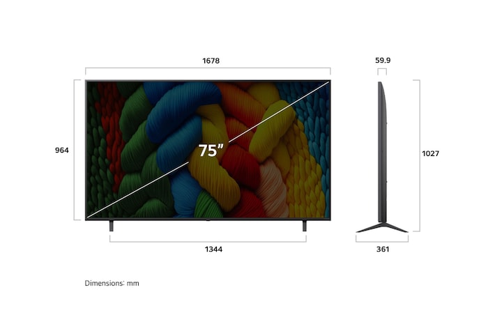 Vy framifrån och från sidan av LG NanoCell NANO80 AI 4K Smart TV som visar dess längd, bredd, höjd och djupdimensioner.