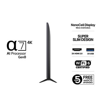 Vy från vänster av LG NanoCell NANO80 TV.