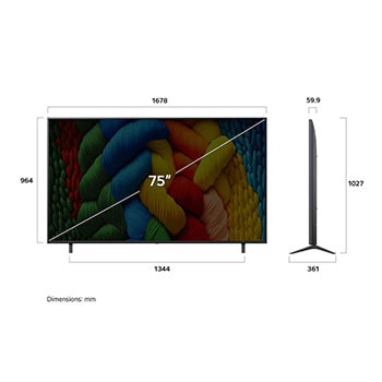 Vy framifrån och från sidan av LG NanoCell NANO80 AI 4K Smart TV som visar dess längd, bredd, höjd och djupdimensioner.