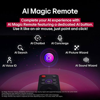 LG AI Magic Remote framför en LG TV-skärm. På skärmen visas en personlig hälsning från LG AI med anpassade nyckelord baserade på användarens sök- och visningshistorik. Vid fjärrkontrollen visas en ikon och etikett som visar att AI Concierge-funktionen är lättillgänglig med ett kort tryck på AI-knappen. 