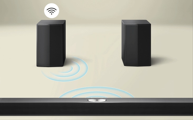 Bakre högtalare och trådlös anslutningsbox vända mot en LG Soundbar med blå kurvor som illustrerar anslutningsmöjligheter studsar mellan boxen och soundbaren. En svartvit anslutningssymbol syns ovanför den trådlösa anslutningsboxen. Boxen bleknar sedan bort och de blå kurvorna som illustrerar anslutningen studsar mellan den vänstra bakre högtalaren och soundbaren. Den svartvita anslutningssymbolen är nu ovanför den bakre högtalaren.