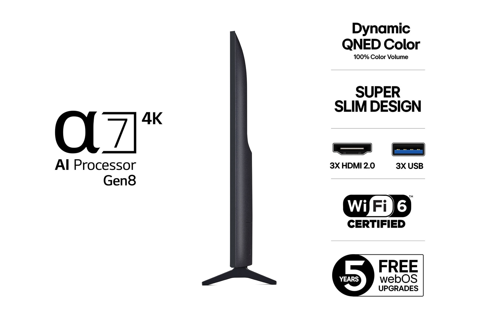 Vy från vänster av LG QNED70 TV 