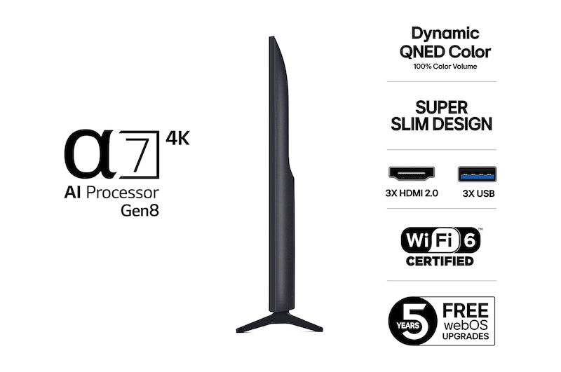 Vy från vänster av LG QNED70 TV 