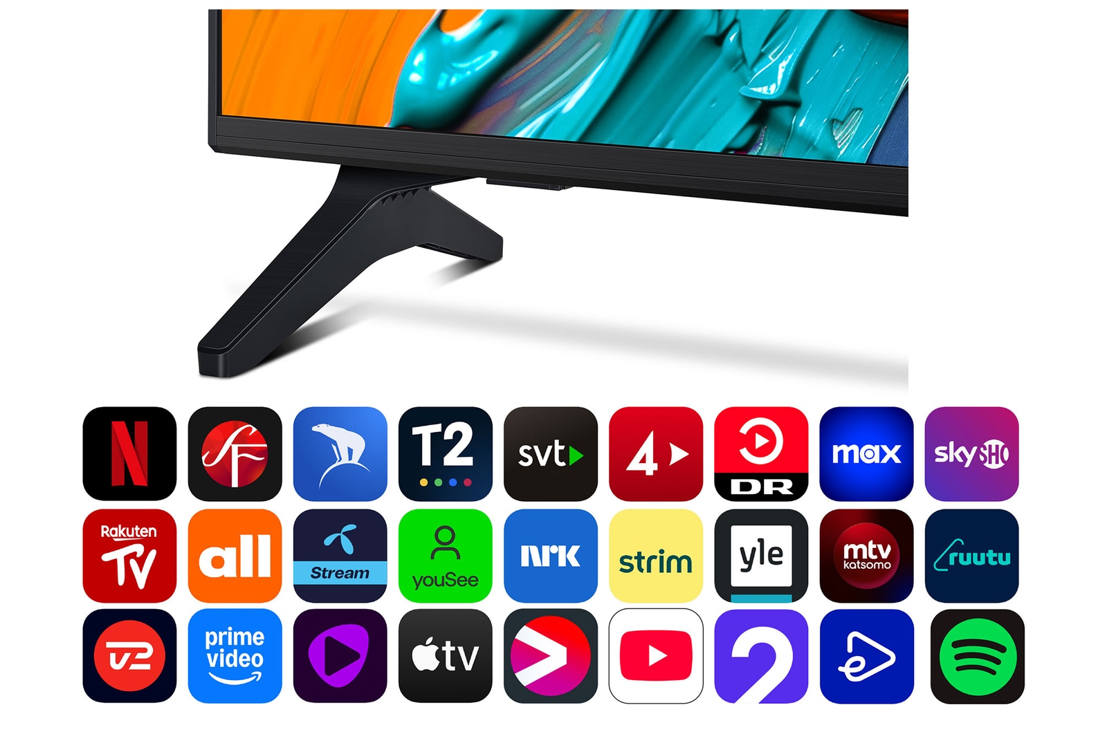 Vy framifrån och från sidan av LG QNED AI QNED70 4K Smart TV som visar dess längd, bredd, höjd och djupdimensioner.
