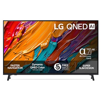 Vy framifrån av LG QNED70 TV, LG QNED Al-logotyp i det övre hörnet. LG QNED TV visar färgglada målarfärgtexturer som möts.