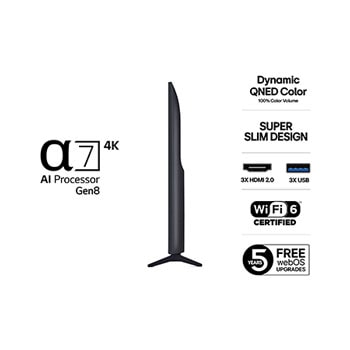 Vy från vänster av LG QNED70 TV 