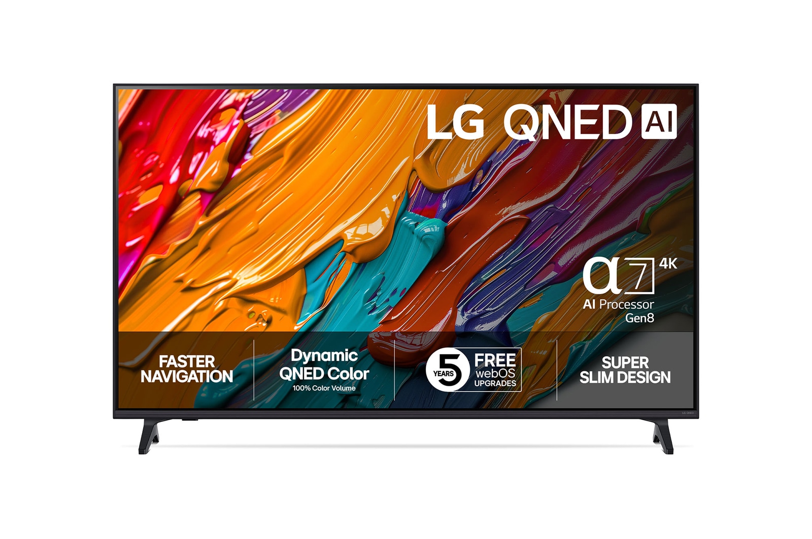 Vy framifrån av LG QNED70 TV, LG QNED Al-logotyp i det övre hörnet. LG QNED TV visar färgglada målarfärgtexturer som möts.