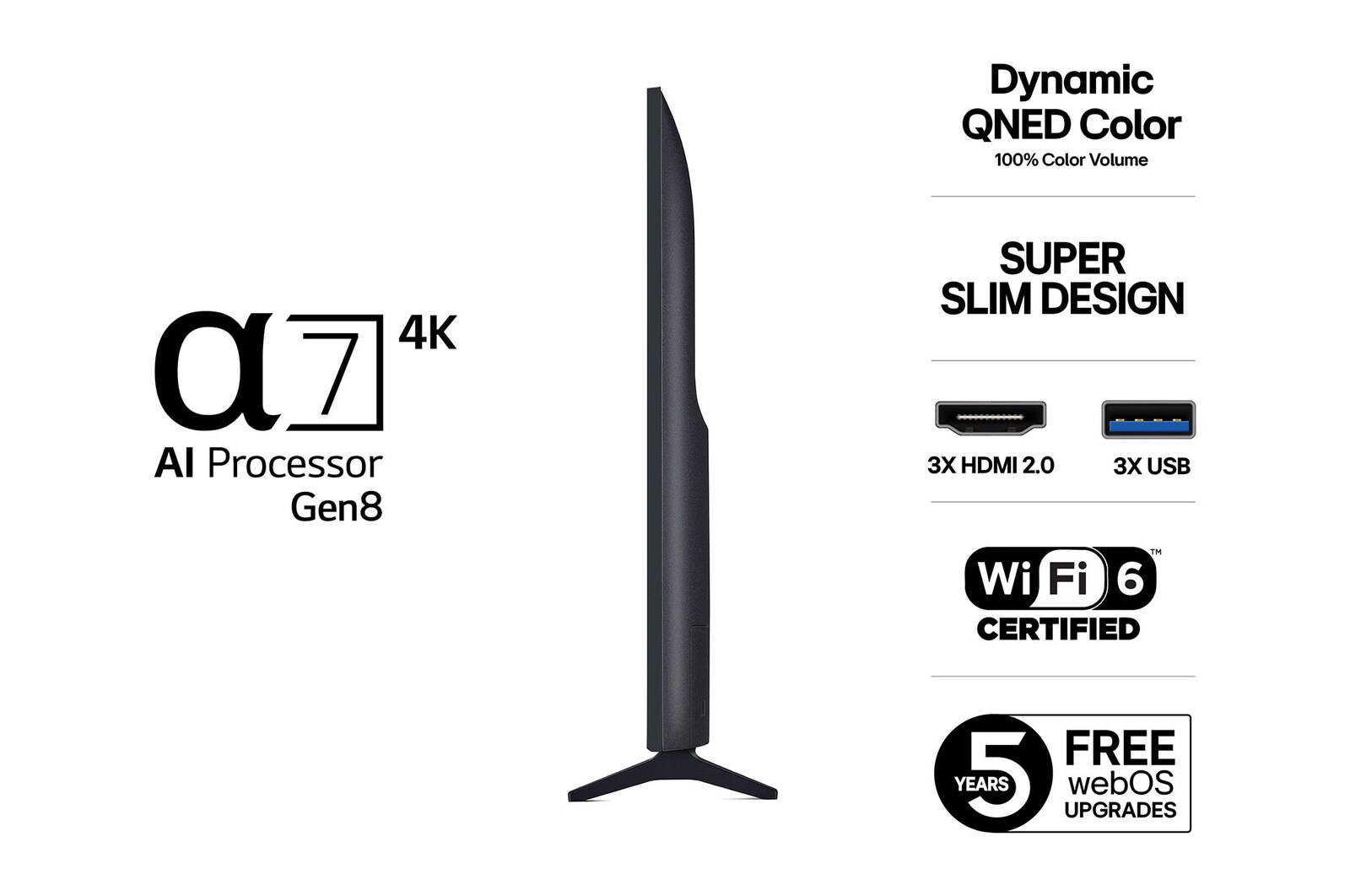 Vy från vänster av LG QNED70 TV 