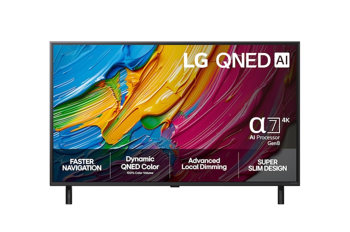 Front view of LG QNED80 TV, LG QNED Al Logo on the top corner. LG QNED TV depicts colorful paintike textures coming together.