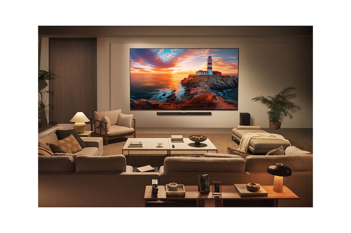 Close-up of an LG TV screen showing how AI Search works. A small chat window is open showing how the user asked for what sports games are available. AI search responded via chat and by showing thumbnails of available content. There is also a prompt to ask Microsoft Copilot.