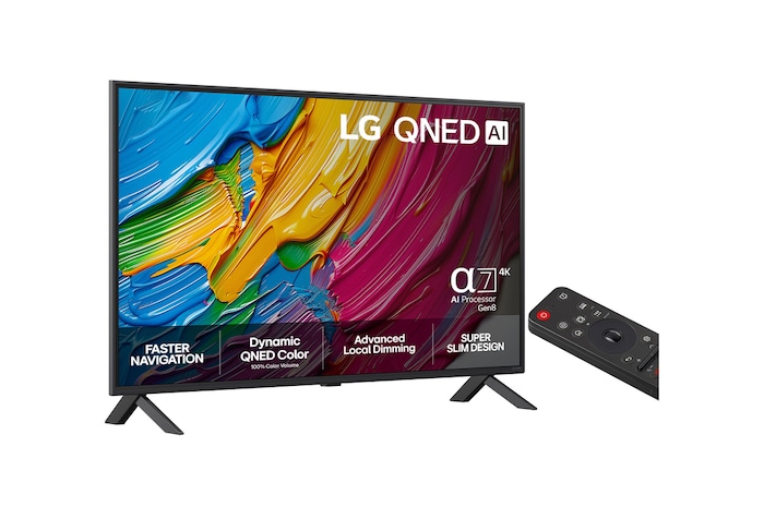 Slightly-angled right-facing side view of LG QNED80 TV