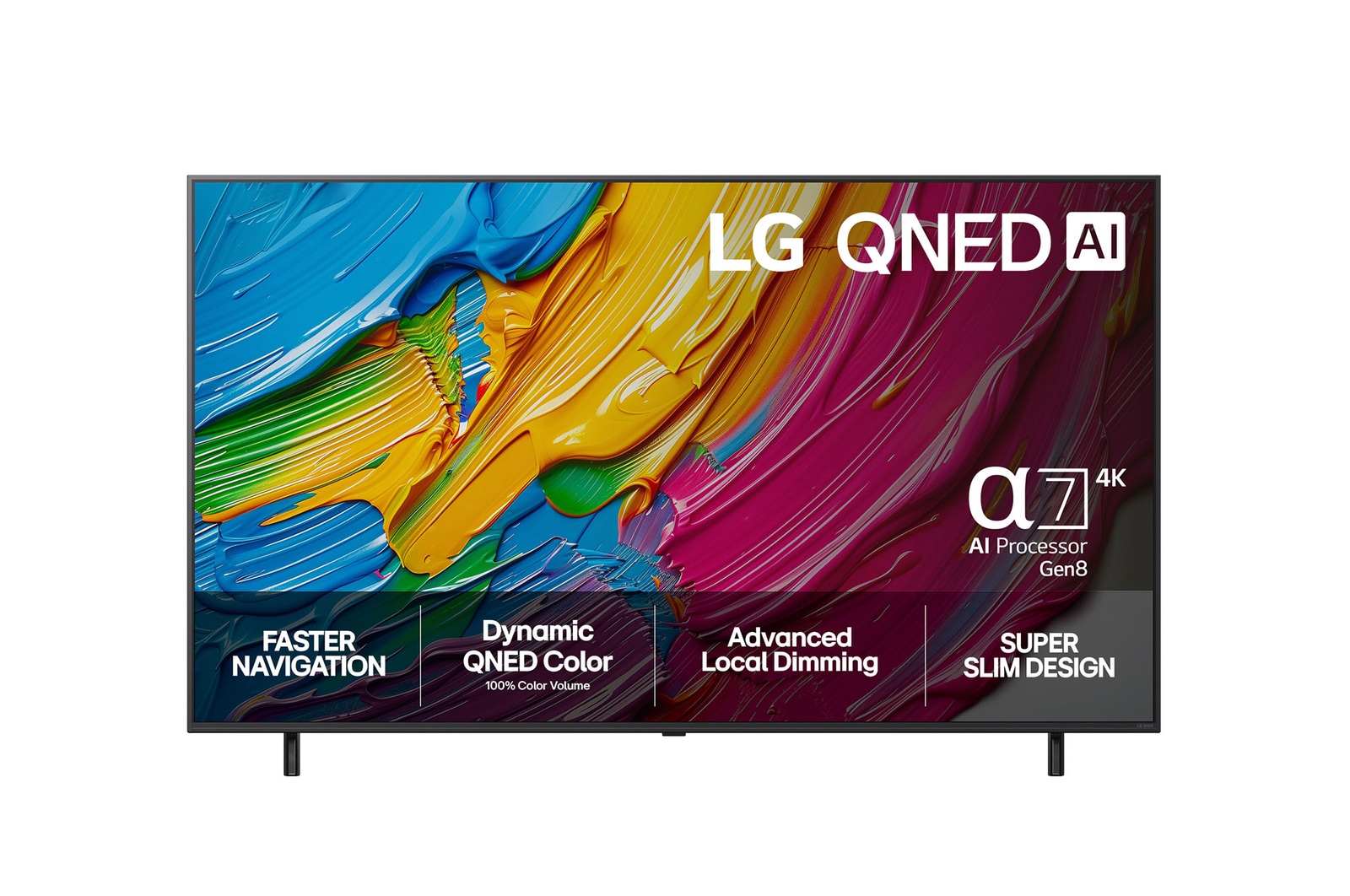 Front view of LG QNED80 TV, LG QNED Al Logo on the top corner. LG QNED TV depicts colorful paintike textures coming together.