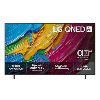 Front view of LG QNED80 TV, LG QNED Al Logo on the top corner. LG QNED TV depicts colorful paintike textures coming together.