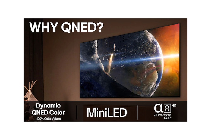 LG TV screen with an AI Magic Remote on the foreground. The AI button is highlighted and a speech bubble shows text, suggest a movie I like. On the screen we see the user icon E, indicating how AI Voice ID was able to identify which user it was and give personalized recommendations just based on their voice.