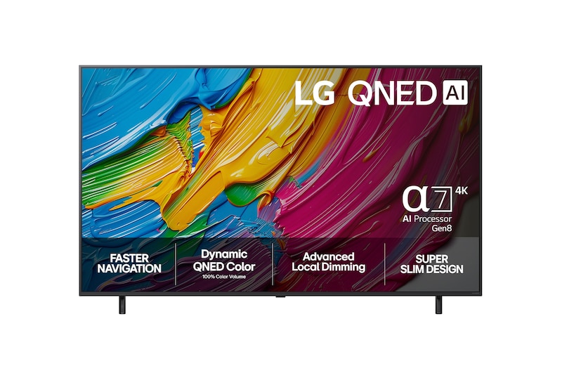 Front view of LG QNED80 TV, LG QNED Al Logo on the top corner. LG QNED TV depicts colorful paintike textures coming together.