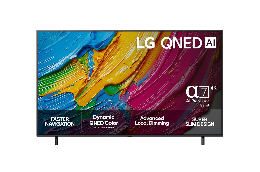 Front view of LG QNED80 TV, LG QNED Al Logo on the top corner. LG QNED TV depicts colorful paintike textures coming together.