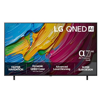 Front view of LG QNED80 TV, LG QNED Al Logo on the top corner. LG QNED TV depicts colorful paintike textures coming together.