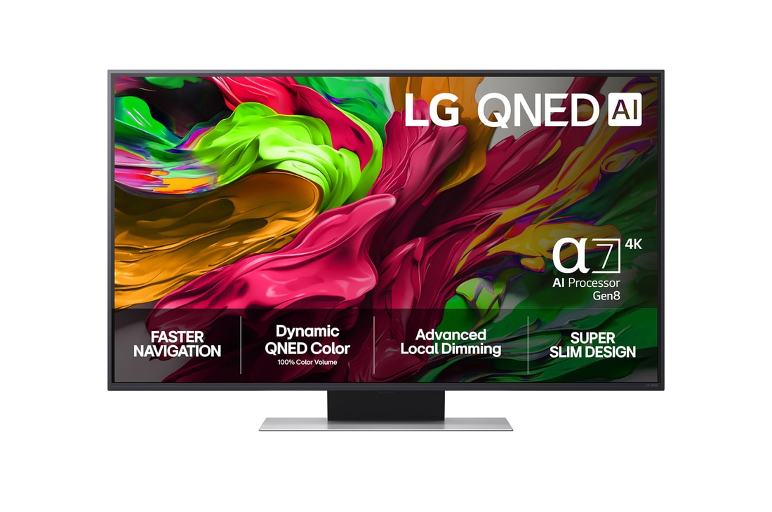 Vy framifrån av LG QNED80 TV, LG QNED Al-logotyp i det övre hörnet. LG QNED TV visar färgglada målarfärgtexturer som möts.