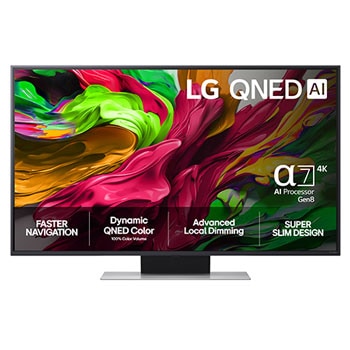 Vy framifrån av LG QNED80 TV, LG QNED Al-logotyp i det övre hörnet. LG QNED TV visar färgglada målarfärgtexturer som möts.