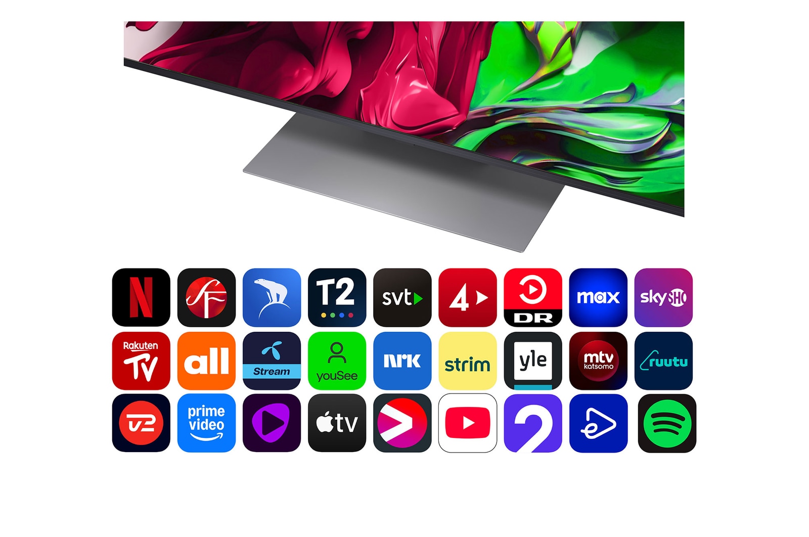 Vy framifrån och från sidan av LG QNED AI QNED80 4K Smart TV som visar dess längd, bredd, höjd och djupdimensioner.