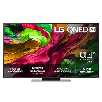 Vy framifrån av LG QNED80 TV, LG QNED Al-logotyp i det övre hörnet. LG QNED TV visar färgglada målarfärgtexturer som möts.