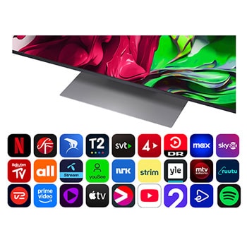 Vy framifrån och från sidan av LG QNED AI QNED80 4K Smart TV som visar dess längd, bredd, höjd och djupdimensioner.