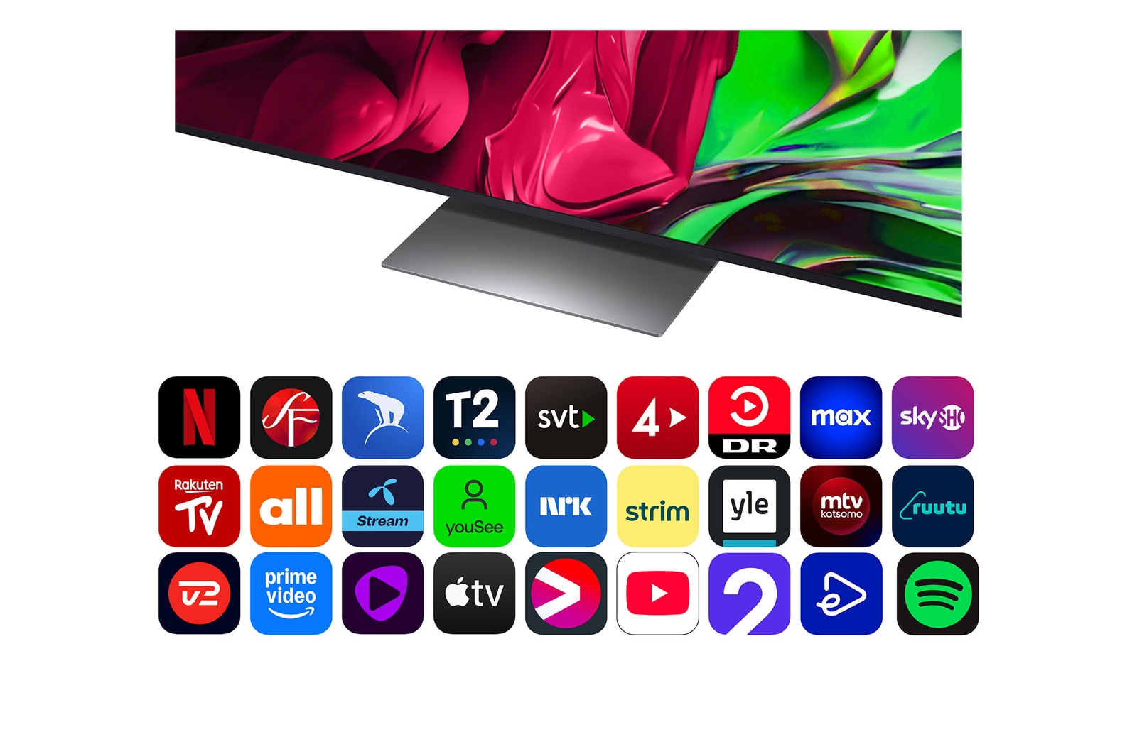 Vy framifrån och från sidan av LG QNED AI QNED80 4K Smart TV som visar dess längd, bredd, höjd och djupdimensioner.