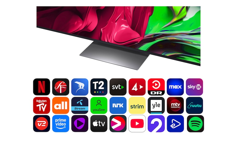 Vy framifrån och från sidan av LG QNED AI QNED80 4K Smart TV som visar dess längd, bredd, höjd och djupdimensioner.